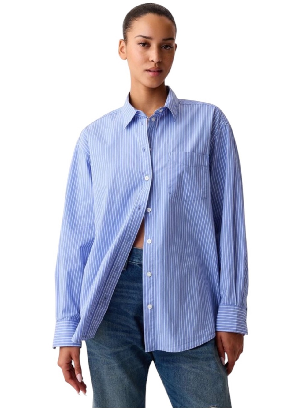 GAP Woman’s Organic Cotton Poplin Big Shirt in Blue w/white stripes size XL